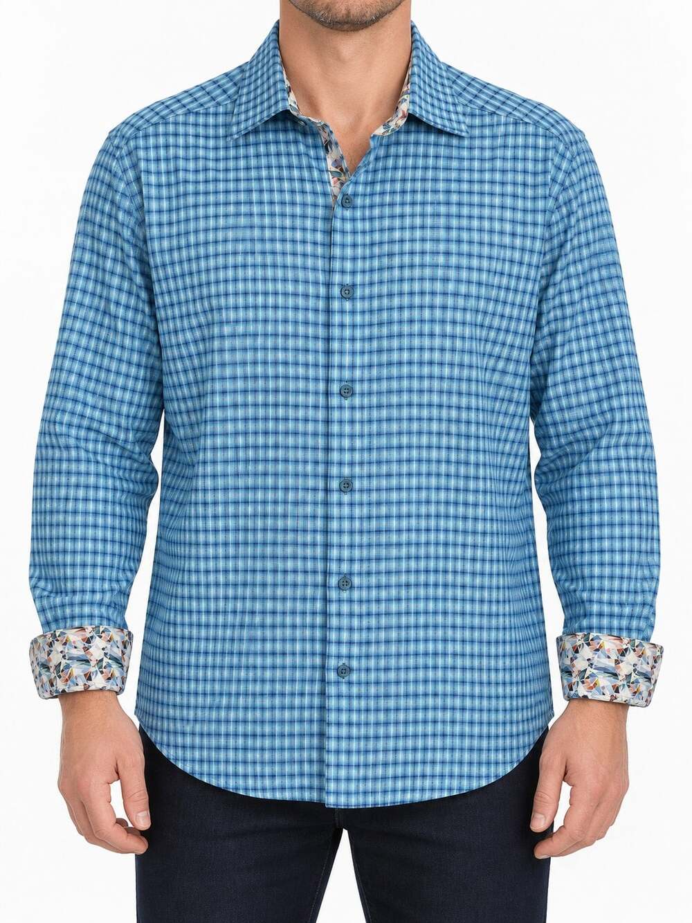 Robert Graham Mens 2XL XXL Classic Fit Blue Plaid Cotton Long Sleeve Shirt Cuffs